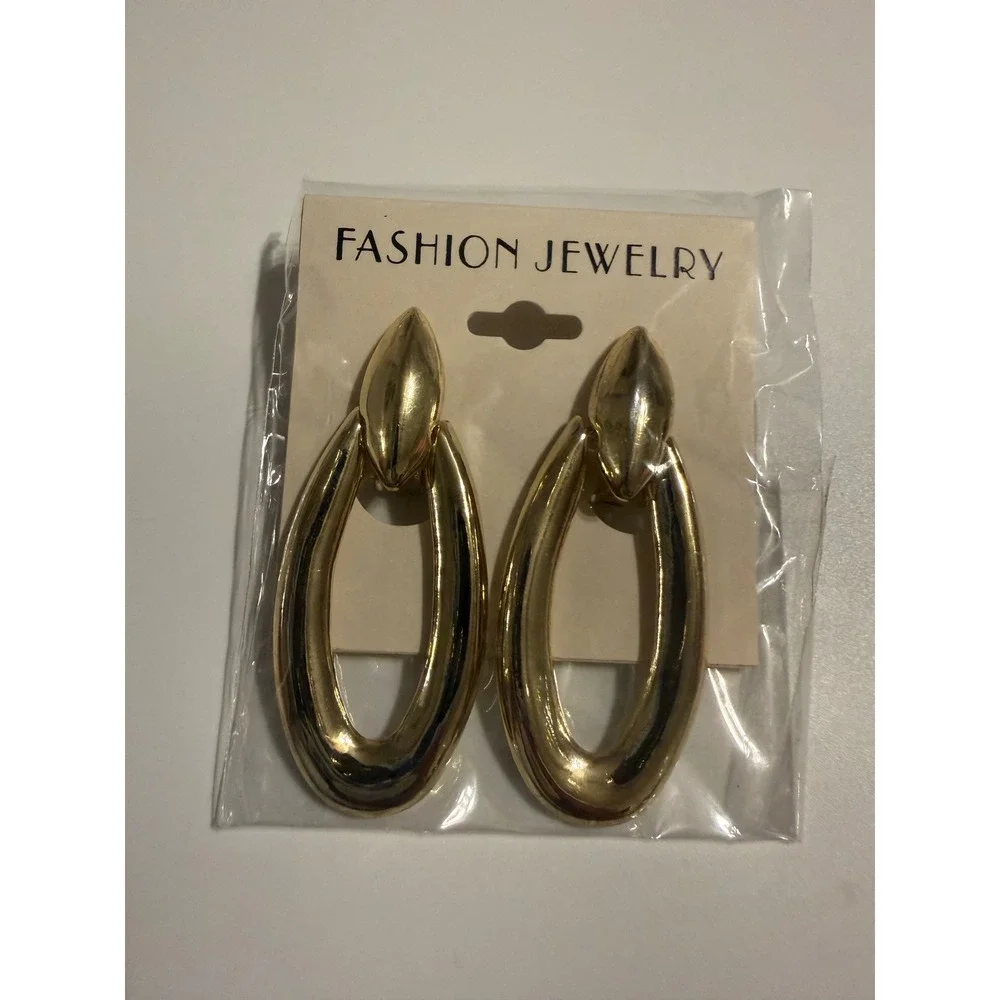 Vintage Gold Tone Clip On Door Knocker Hoop Earrings Statement Retro New